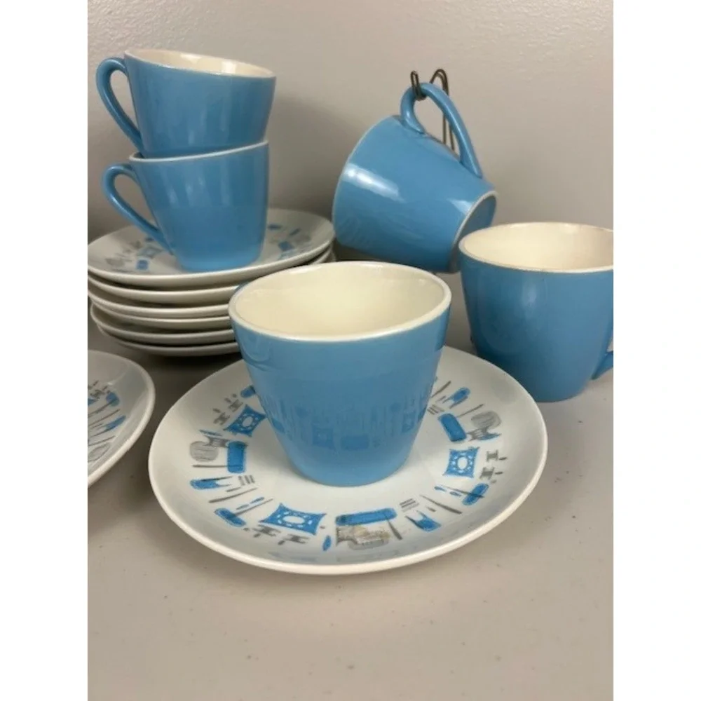 Vintage Mid Century Modern Atomic‎ Kitchen Blue Tea Coffee Cup Saucer Set of Two
